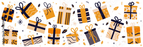 Cadeaux - Présents - Illustrations vectorielles festives pour célébrer les fêtes de fin d'année - Cadeaux emballés et bolduc - Décorations de Noël - Bannière de cadeaux - Différents motifs de papier 