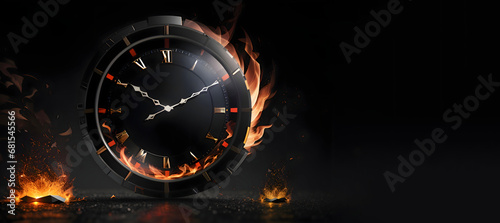 Vintage clock burning over black coal with flames around it. Copy space in background, time concept, time importance and deadlines.