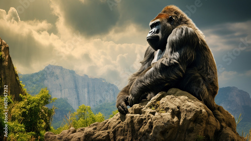 gorilla sitting on top of a rock in the forest