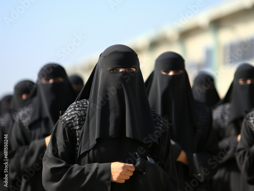 a group of Arab women wearing veils in the desert holding a demonstration