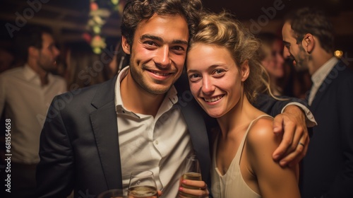 Portrait of happy couple holding glasses of wine at party in nightclub