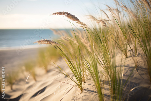 picturesque combination of dunes and tall, swaying beach grass, capturing harmonious interaction between these coastal elements and tranquil atmosphere they evoke --v 5.1