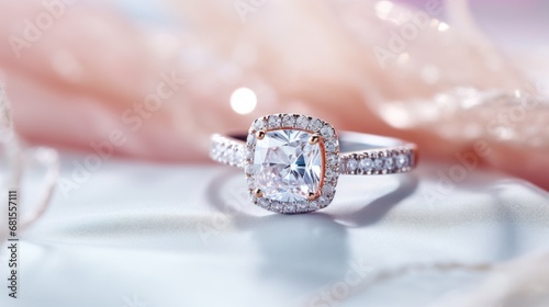 Wedding rings with diamonds on a white satin background