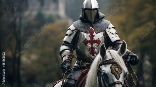 Medieval Knight on Horseback with Crusader Cross Armour