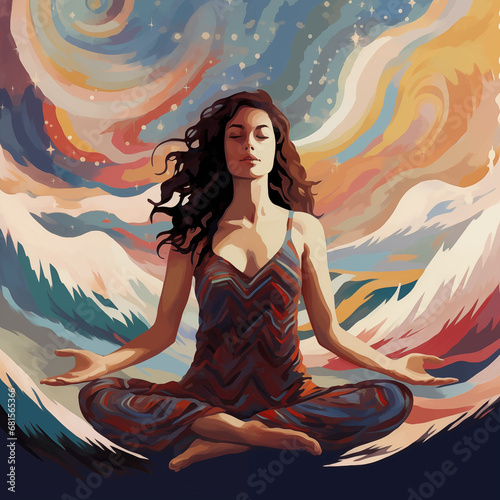Attractive young woman meditating in the lotus position surrounded by psychedelic landscape and psychic waves