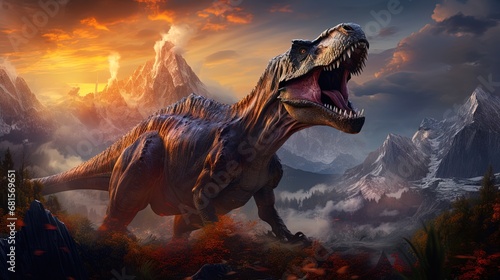 illustration of a big dangerous angry dinosaur in a foggy mountain valley at dawn