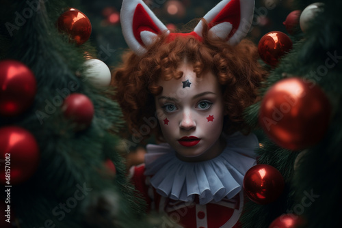Girl in Christmas tree forest with red deer ears in front of the Christmas tree. Funny New Year or Christmas concept