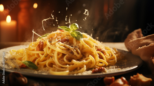 delicious Italian pasta carbonara modern food photography in rustic style . in detail