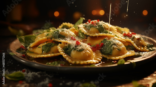 delicious Italian ravioli modern food photography in rustic style . in detail