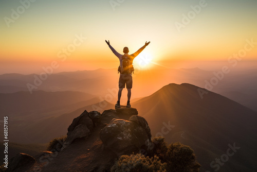 triumphant moment of mstanding at summit of mountain, with setting sun casting warm glow, vast expanse below, and sense of accomplishment and connection to natural world