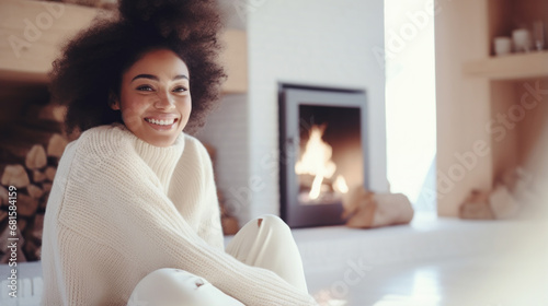A beautiful African American woman is sitting in a white sweater in front of the fireplace.