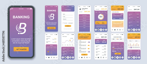 Banking mobile app interface screens template set. Account login, balance of credit card management, currency exchange, dashboards. Pack of UI, UX, GUI kit for application web layout. Vector design.