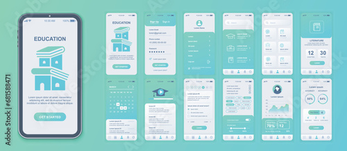 Education mobile app interface screens template set. Account login, learning list at platform, literature lesson, progress data. Pack of UI, UX, GUI kit for application web layout. Vector design.