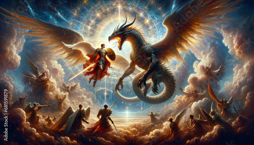 Epic Battle in Heaven as in the Book of Revelation: Saint Michael the Archangel Defeats Satan the Dragon