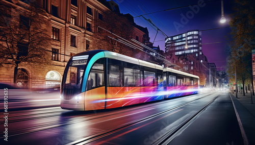 Tram at night with motion