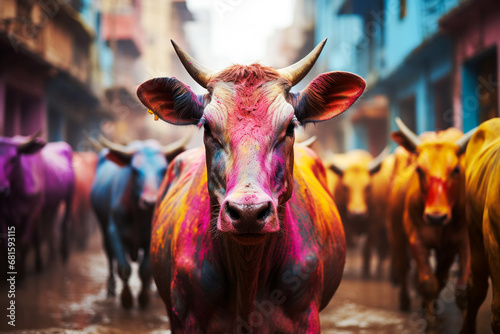 sacred cows of India walk on the street and people throw colorful paint on the cows to celebrate the festival of colors Holi