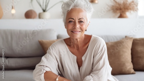 A graceful older woman takes a moment to relax in her cozy living space.