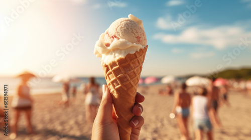 A person holds a vanilla gelato cone on a sunny beach with friends and family in the background, capturing a perfect summer day.