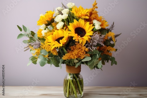  a bouquet of sunflowers and other flowers in a glass vase on a wooden table in front of a gray wall and a wooden table with a purple background.