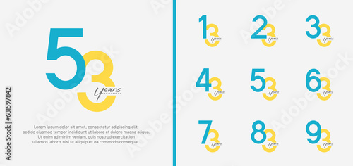 set of anniversary logo blue and yellow color number on white background for celebration