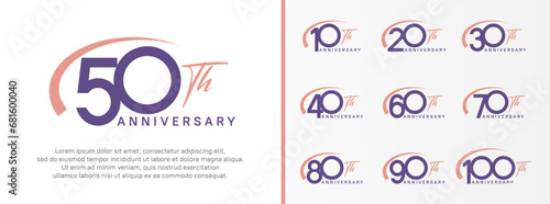 set of anniversary logo purple color number and pink swoosh on white background for celebration