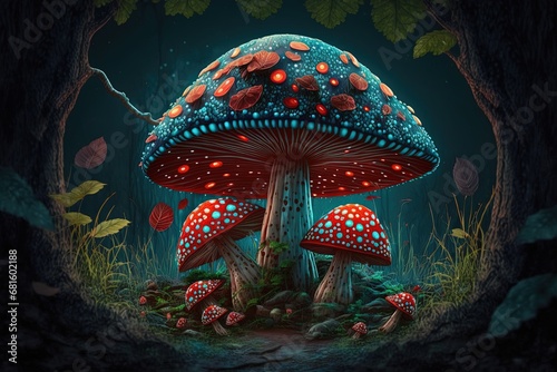 Blue and red fairy mushrooms fly agaric in the night forest. AI generated