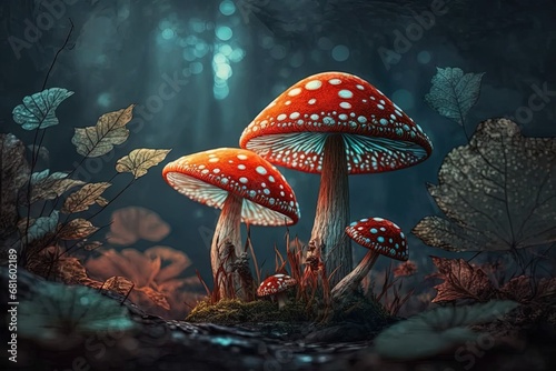 Red fly agaric mushrooms in the autumn forest. AI generated