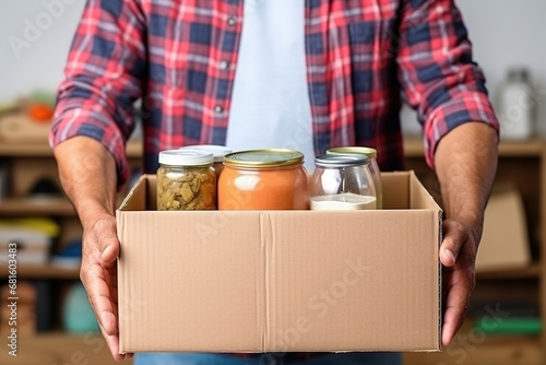 Volunteer holding food in a donation cardboard box, isolated in a white background. Delivery of products