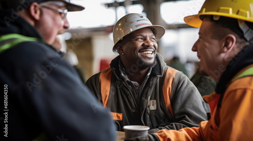 American black group engineer and laborer talking happy moment