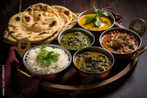Group of Indian food like Palak Paneer Butter Masala, Choley/chola and Black Eyed Kidney Beans curry with Naan and Rice