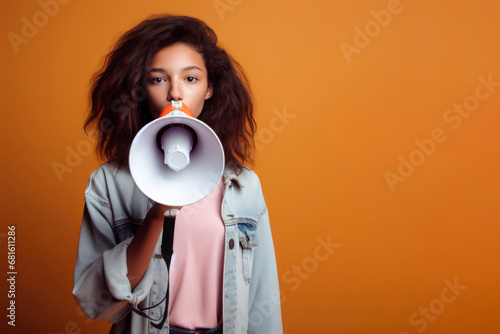 Young girl shouting into a megaphone on solid background copy space. ai generative