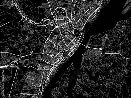Vector road map of the city of Volgograd in the Russian Federation with white roads on a black background.