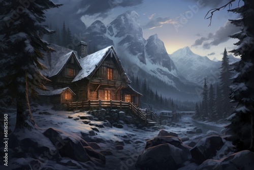  a painting of a cabin in the mountains with snow on the ground and trees in the foreground and a mountain range in the background with snow on the ground.