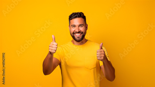 hombre con barba, sonriendo y apuesto con los pulgares arriba, haciendo una señal positiva 