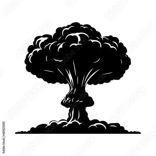 Nuclear explosion mushroom cloud icon. Atomic bomb war silhouette, symbol end of the world isolated on white background. Vector illustration