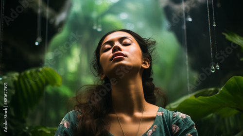 Mujer meditando ojos cerrados - Respiración calma silencio - Naturaleza bosque 
