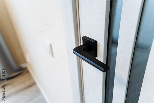 The swim plan is a black door handle, a matte finish of the handle on the door to the room, modern interior details.