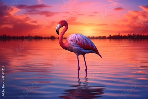 Pink flamingo on the lake at sunset. Beautiful nature background, a pink flamingo standing in the water at sunset or dawn, AI Generated