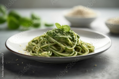 Spaghetti spinach pesto food leaf. Spread aromatic salad cuisine. Generate Ai