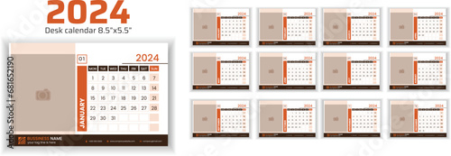 2024 Desk Calendar Planner Templates for a company or home. Image place holder added. Simple full page calendar in vector format with Monday as the start of the week.