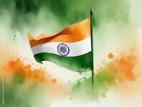 Watercolor illustration of India Flag Waving, Celebrating Republic day of India, Independence Day.