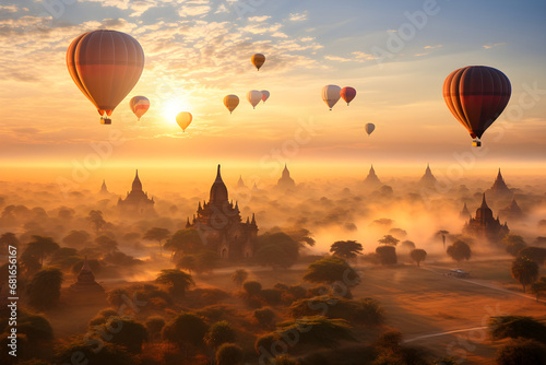 Heißluftballons steigen vor den Tempelanlagen von Bagan in Myanmar auf, Sonnenaufgang, erstellt mit generativer KI