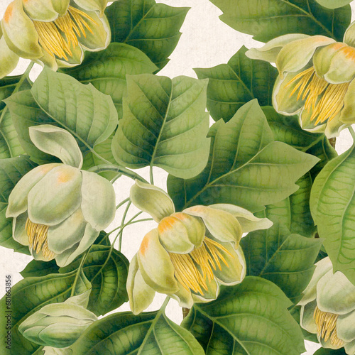 Floral design. Tulip tree. Digital floral watercolor vibes on textured beige. Perfect for cool creative projects. Ideal for a square format.