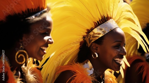 A troupe of calypso musicians in bright, feathered costumes at a Caribbean Carnival