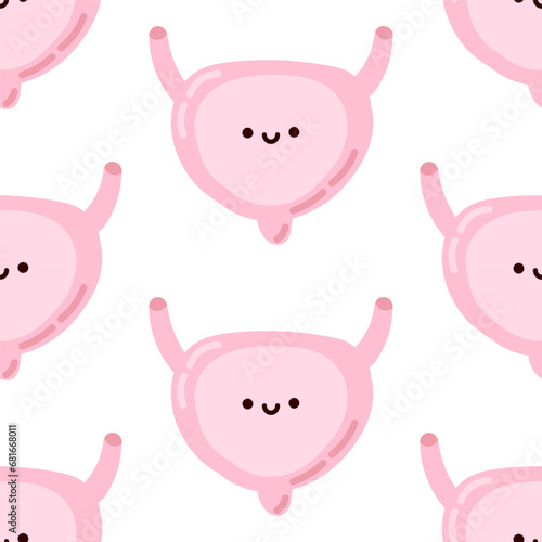 Seamless pattern cute kawaii human organ. Happy bladder isolated on white background, children's illustration in flat style.