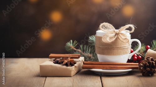 Cozy winter occasion container of coffee with cinnamon and blessing boxes