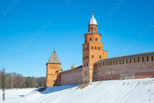 The Kokui Tower and the ancient walls of the Kremlin. Veliky Novgorod, Russia