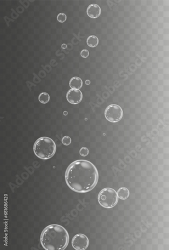 Realistic soap vector bubbles png isolated on transparent background. The effect of falling and flying bubbles. Glass bubble effect. 