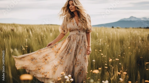 a woman wearing a flowing maxi dress, standing in a field of wildflowers