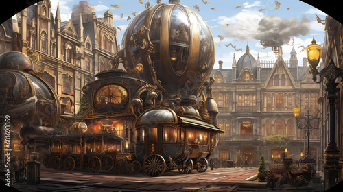 Steampunk Dreams: An illustration blending Victorian aesthetics with futuristic elements in hyper-realistic detail, featuring a steampunk-inspired cityscape
